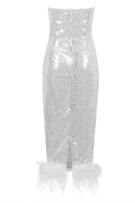 Sequin Strapless Feather-Trim Midi Dress In Silver Lilac