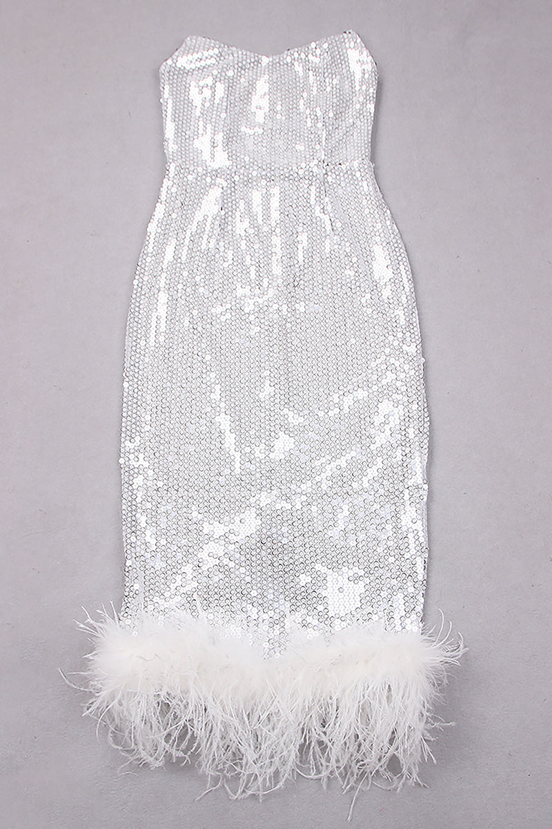 Sequin Strapless Feather-Trim Midi Dress In Silver Lilac