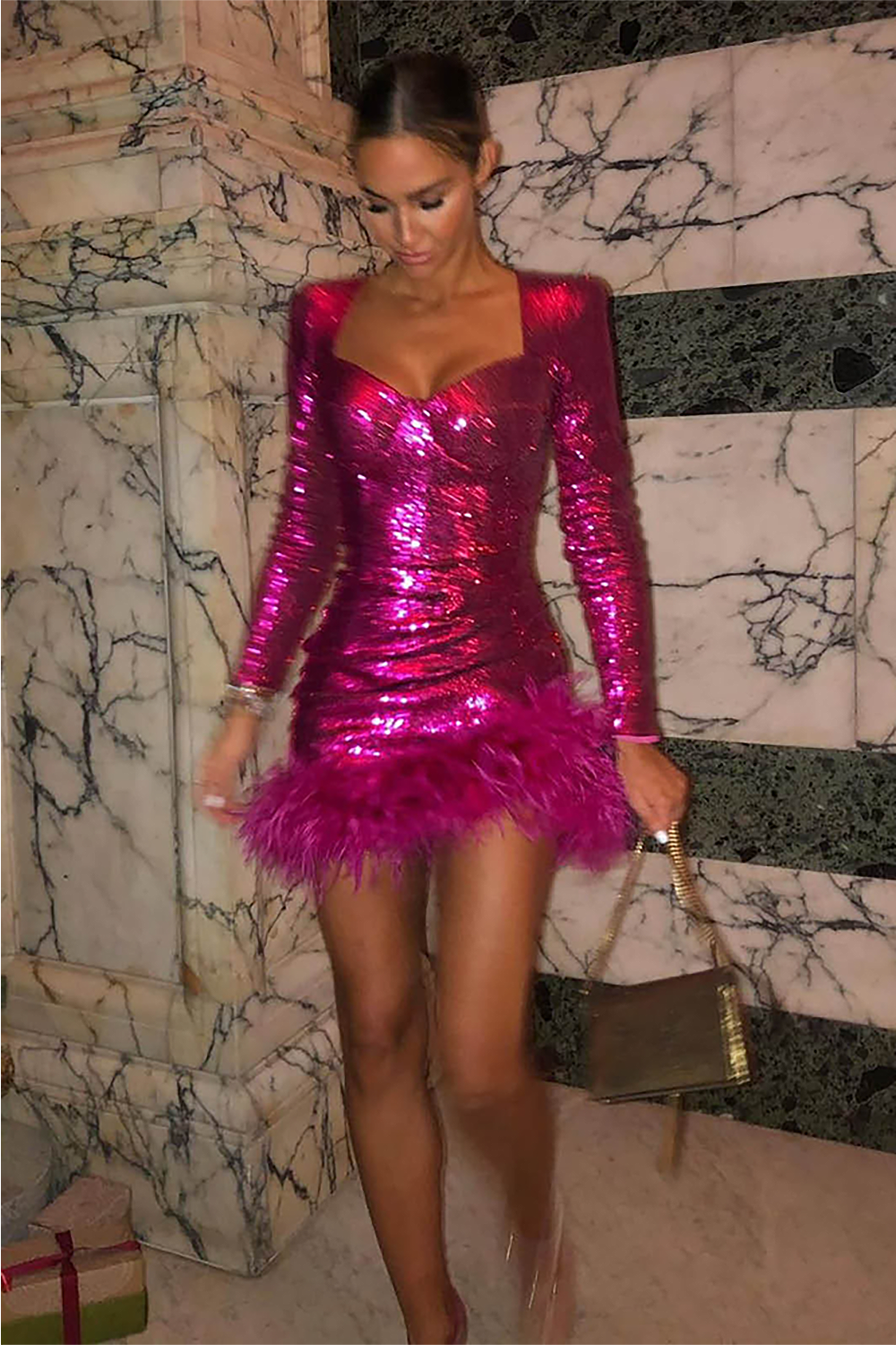 Sequins Feather-Trim Long sleeves Mini Dress