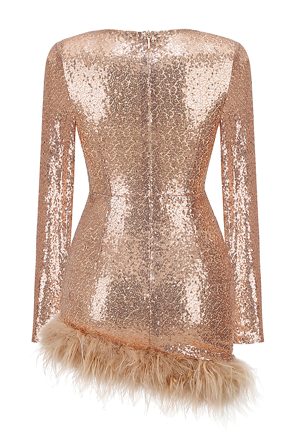 Sequins Feather-Trim Long sleeves Mini Dress