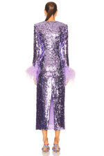 Sequins Long sleeves Feather-trim Midi Dress Purple