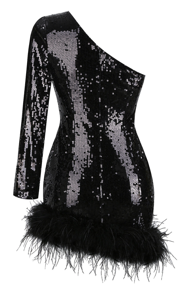 Sequins One Shoulder Feather Mini Dress In Black