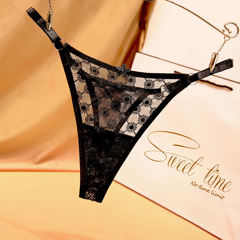 Black Floral Embroidered Lace Strappy Thong