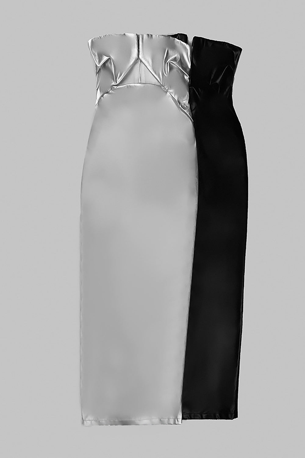 Robe longue sans bretelles en similicuir en argent noir