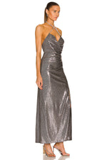 Silver Halter Sleeveless Sequined Folds Split Maxi Dress