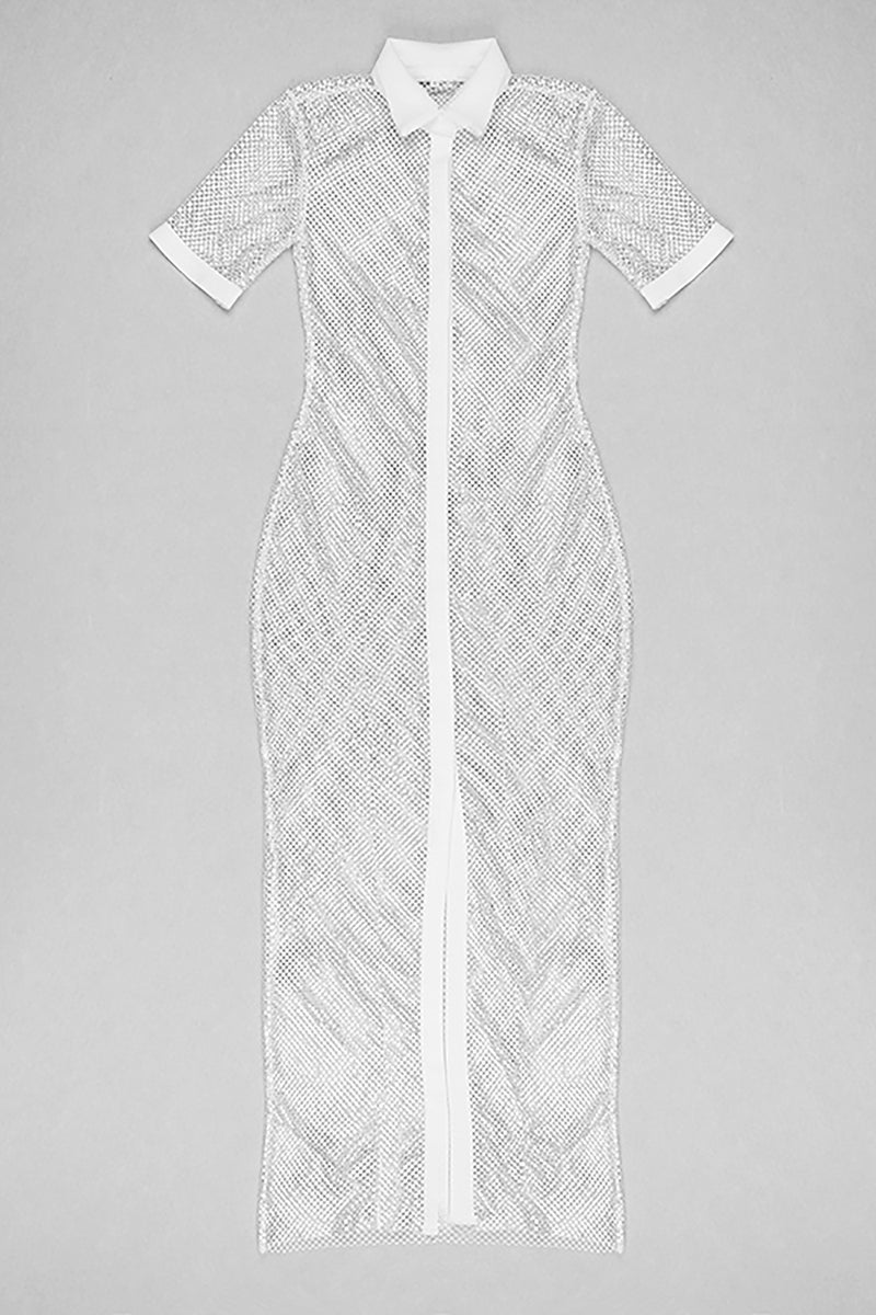 Silver Short-Sleeved Semi Transparent Fishnet Crystal Cardigan Beach Maxi Dress