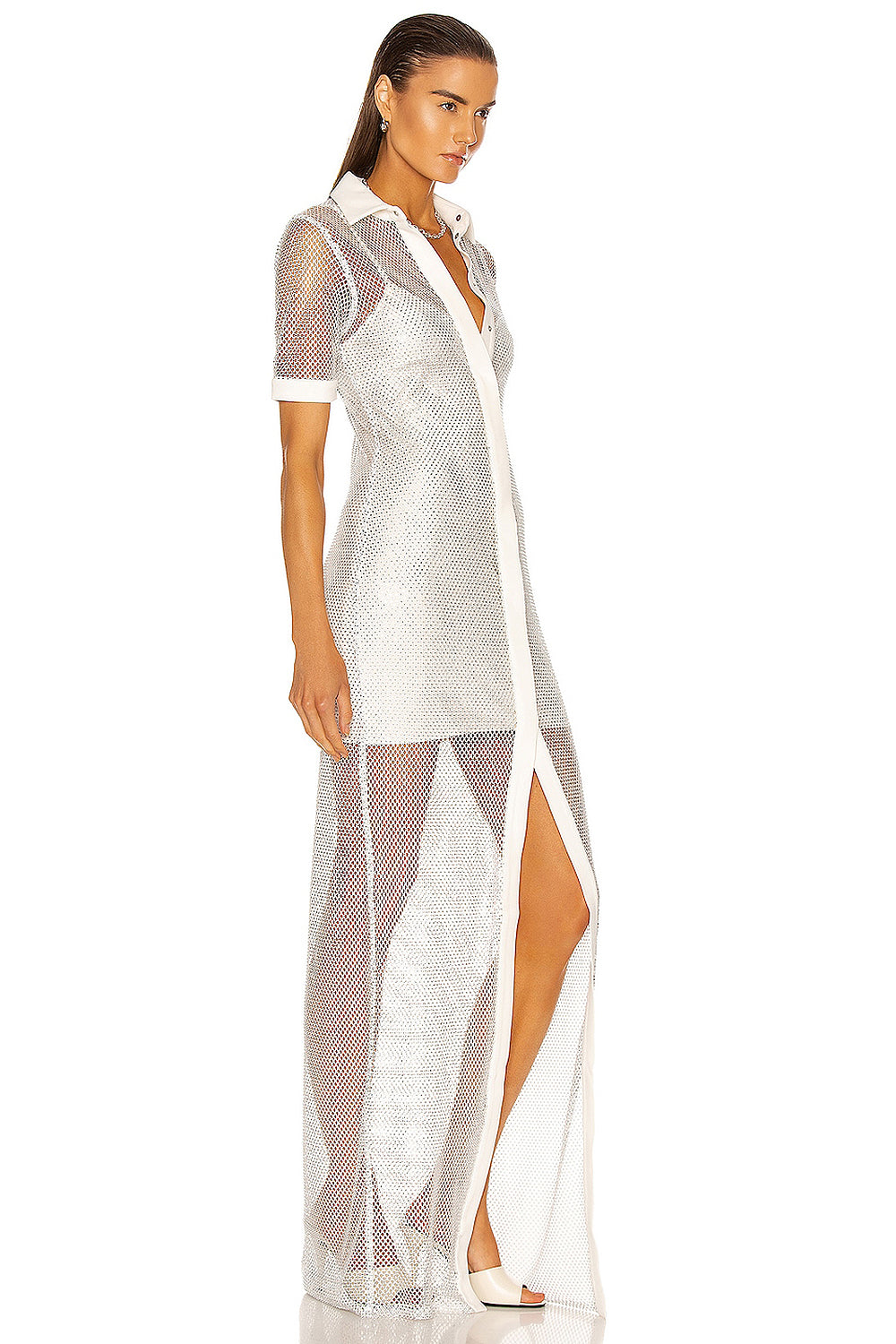 Silver Short-Sleeved Semi Transparent Fishnet Crystal Cardigan Beach Maxi Dress