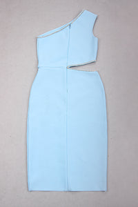 Mini robe bandage en cristal ajourée à une épaule en bleu ciel noir