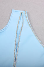One Shoulder Hollow Out Crystal Mini Bandage Dress In Sky Blue Black