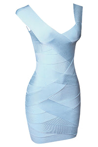 Sky Blue Sleeveless V Neck Patchwork Bodycon Bandage Dress - Chicida