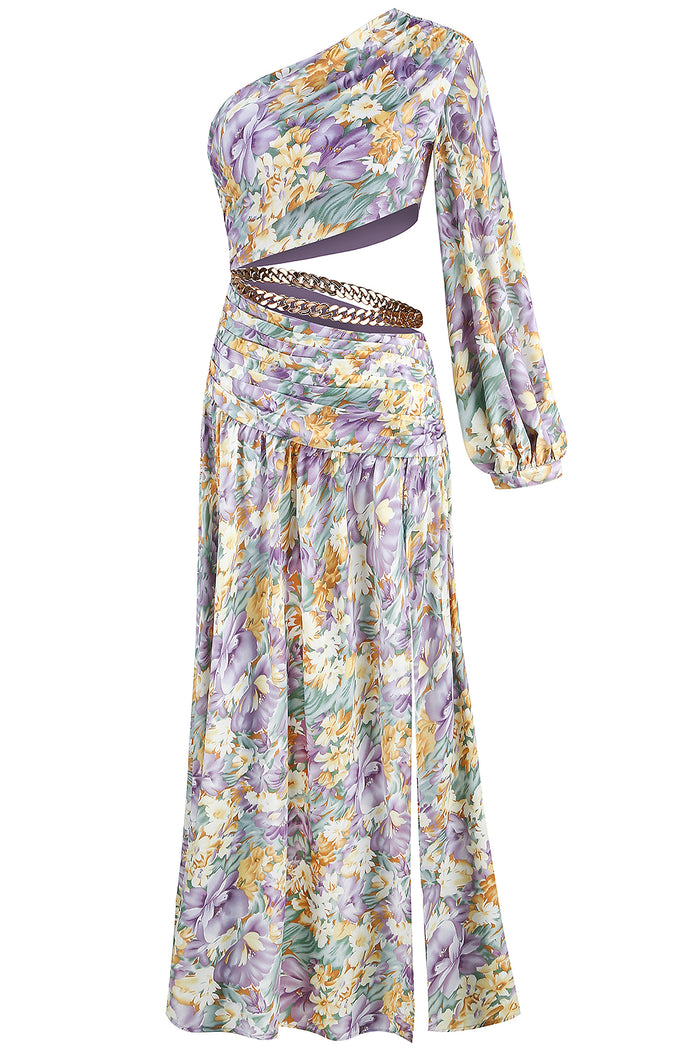 Slanted One Shoulder Floral Irregular Cut Out Maxi Dress