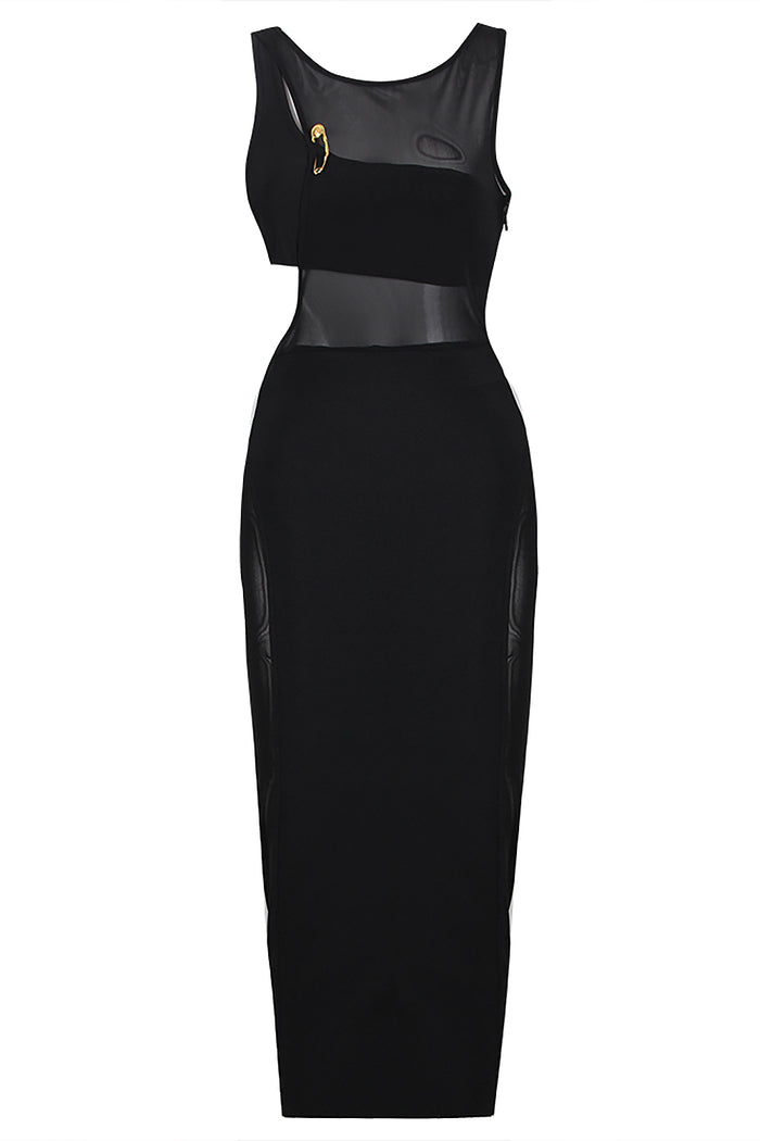 O-Neck Mesh Hollow Out Bodycon Midi Dress