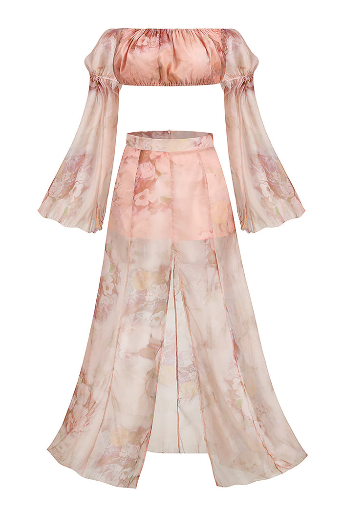 Sleeveless Rose Floral Printed  Silk Two Set - Chicida