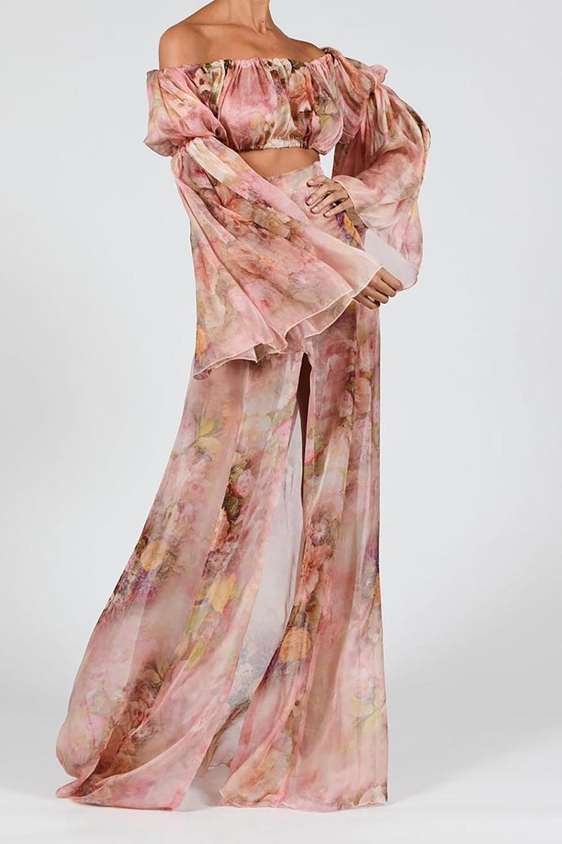 Sleeveless Rose Floral Printed  Silk Two Set - Chicida