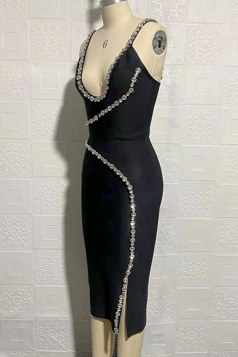 Black Spaghetti Strap Beaded With Slit Midi Dress