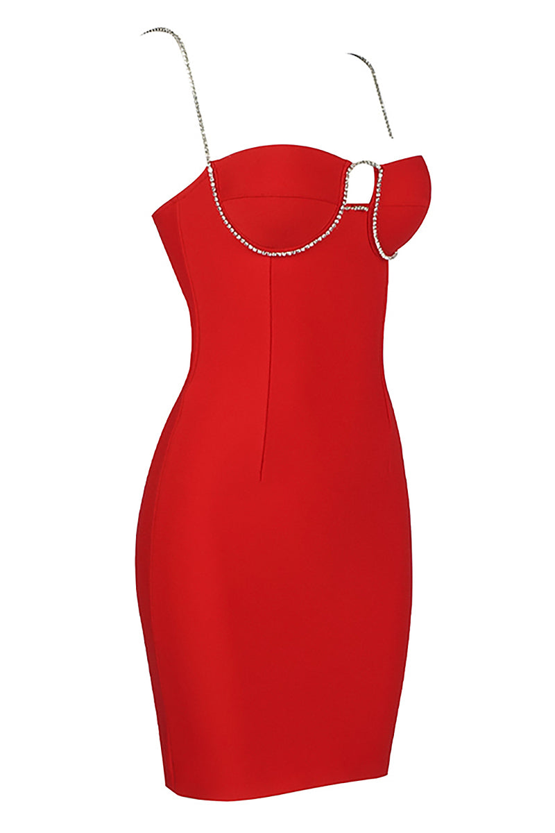 Sparkly Diamond Strappy Red Bandage Dress - Chicida