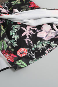 Minivestido negro de encaje drapeado con estampado floral y tirantes