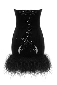 Mini-robe bustier à bordure en plumes - Noir