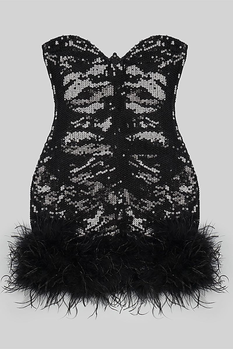 Strapless Feather-Trim Mini Dress In Black