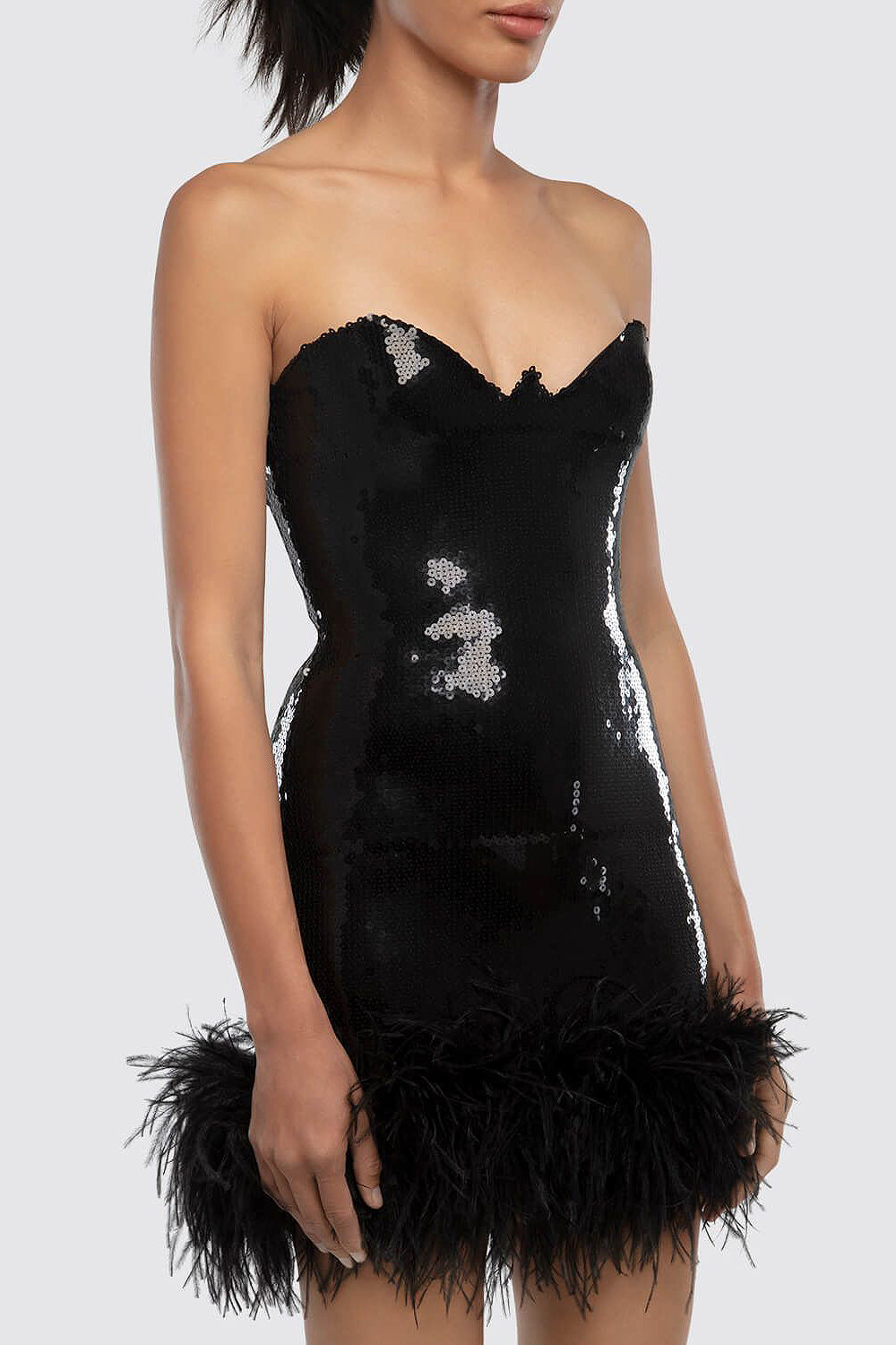 Mini-robe bustier à bordure en plumes - Noir