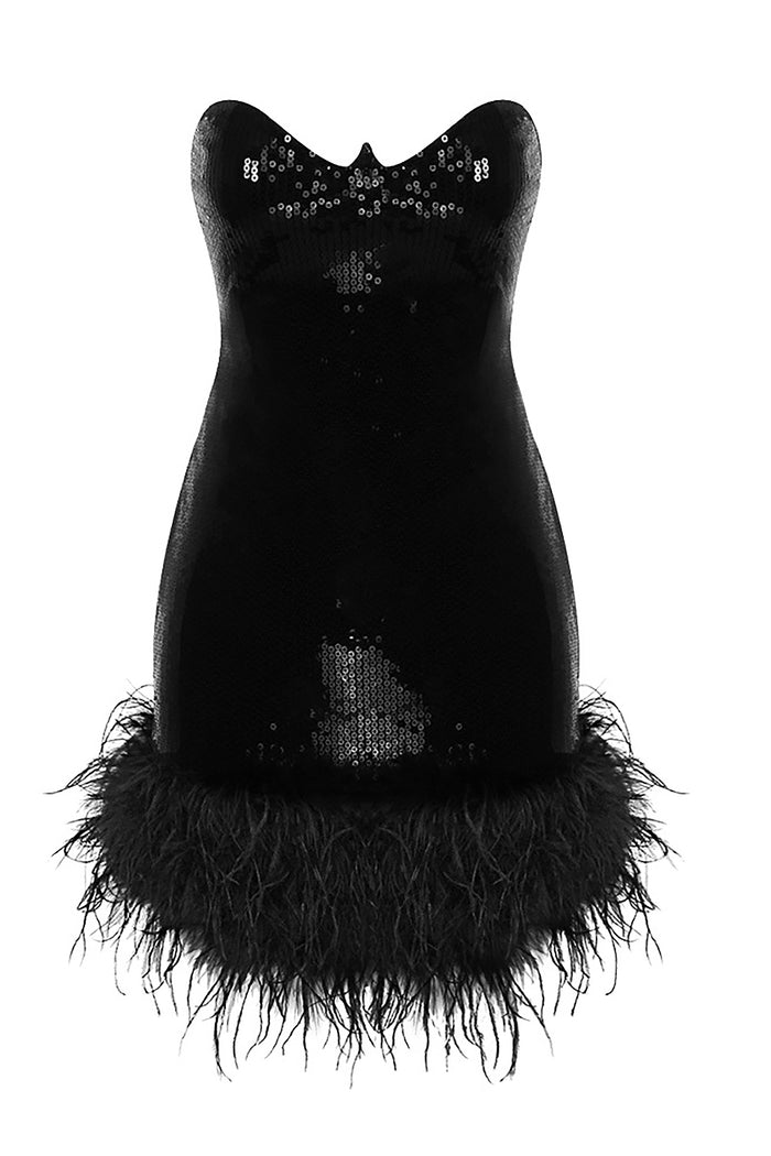 Strapless Feather-Trim Mini Dress