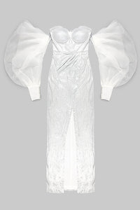 Robe de mariée sans bretelles à paillettes brillantes et manches bouffantes