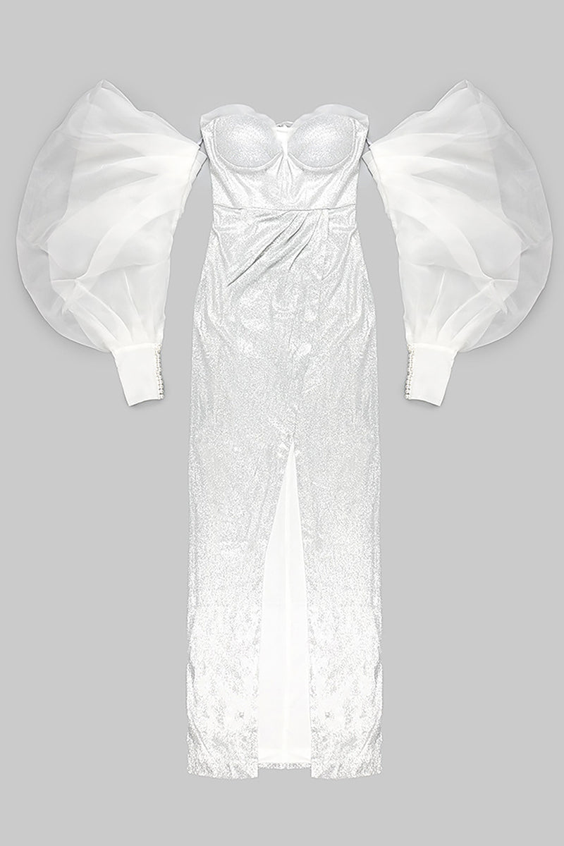 Strapless Puff Sleeves Shiny Glitter Wedding Dress