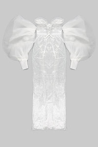 Robe de mariée sans bretelles à paillettes brillantes et manches bouffantes