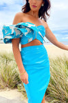 Strapless Ruffle Top PU Skirt Two Pieces Set In Blue