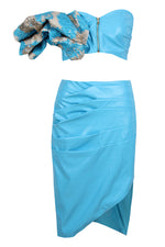 Strapless Ruffle Top PU Skirt Two Pieces Set In Blue