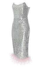 Strapless Sequin Feather Bodycon Midi Dress