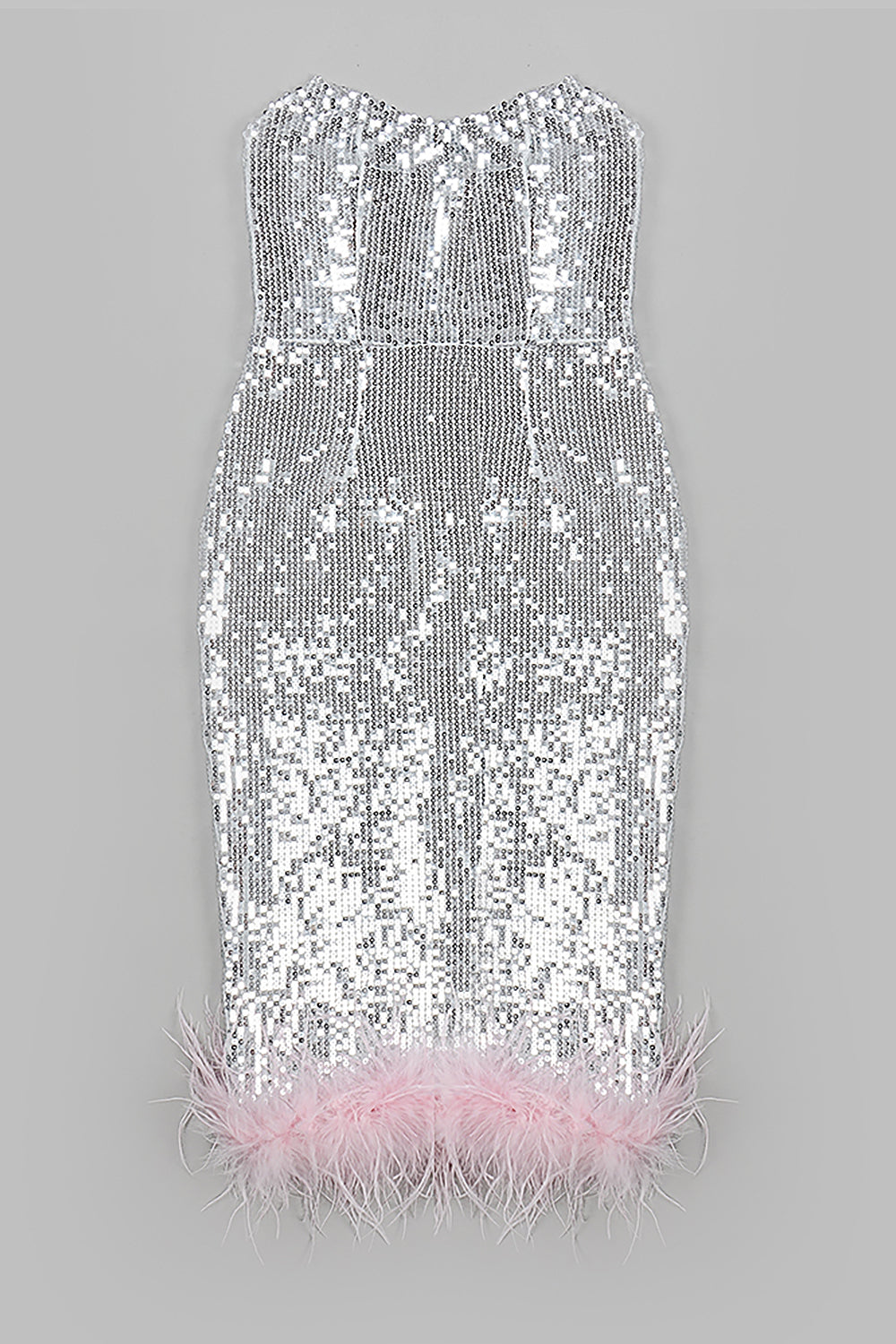 Strapless Sequin Feather Bodycon Midi Dress