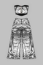 Strapless Silver Sequin Top Pants Two Piece Set