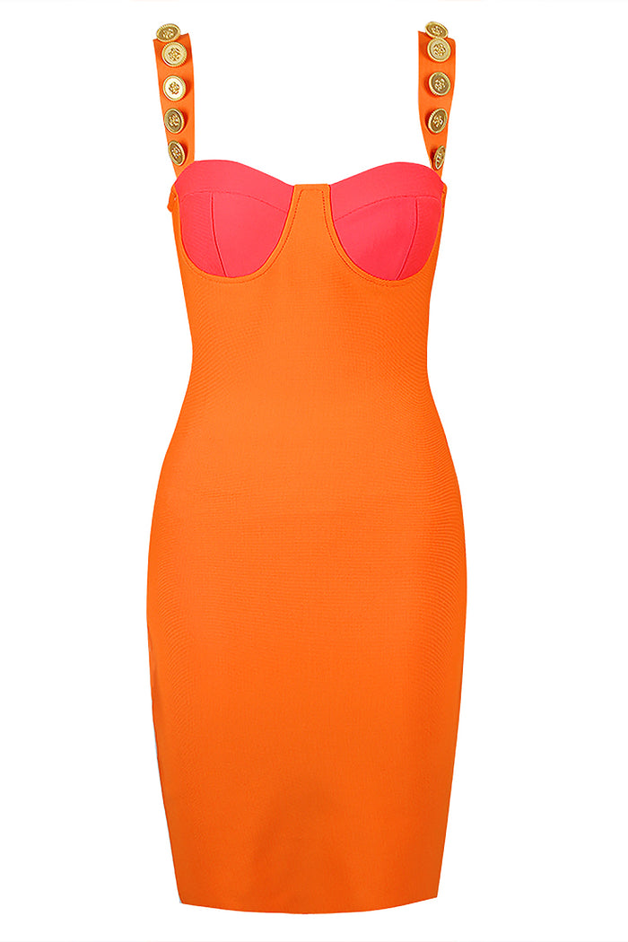 Slip Button Patchwork Mini Dress In Orange