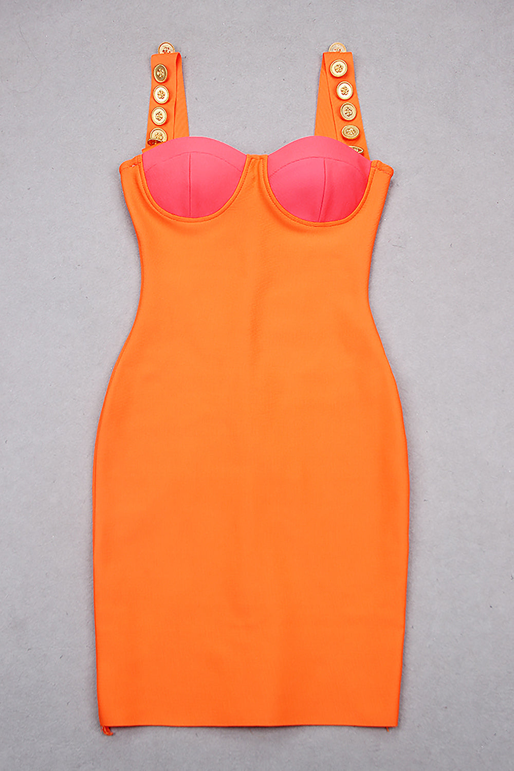 Mini-robe patchwork à bretelles et boutons en orange