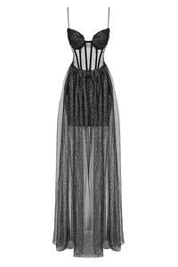 Strappy Draped Rhinestone Tulle Corset Maxi Dress In Black