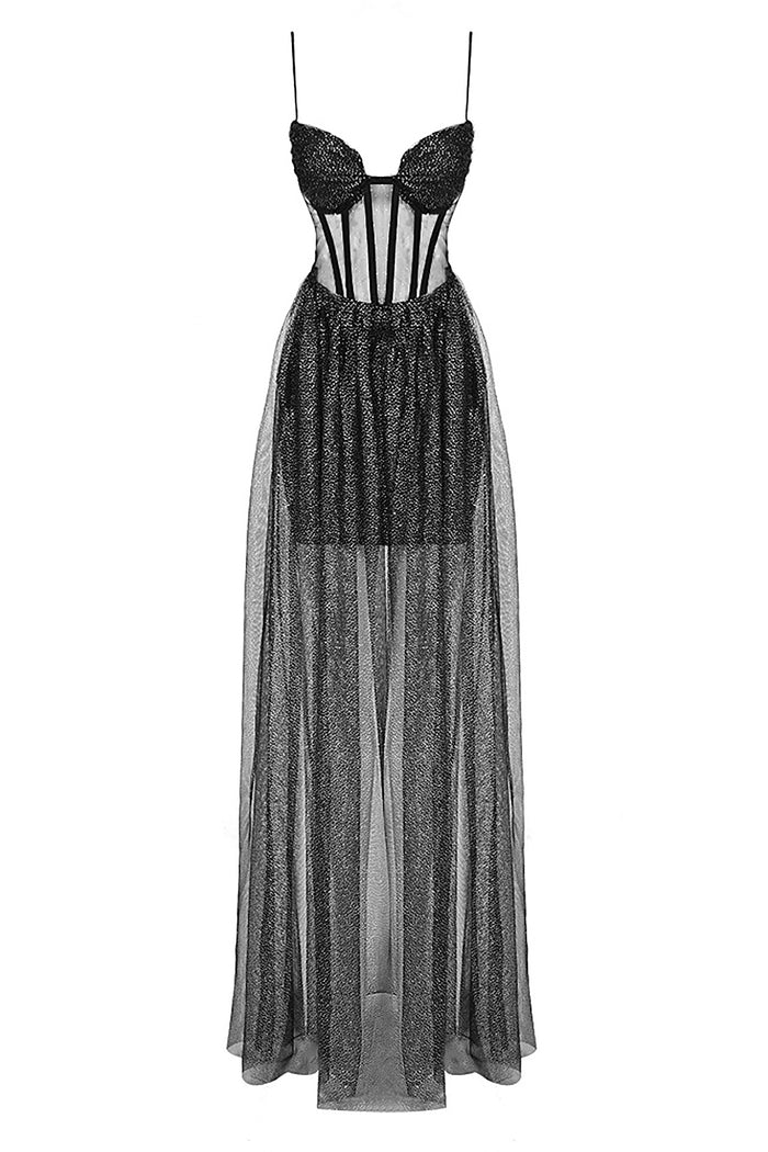 Glitter Beads Tulle Slip Corset Maxi Dress