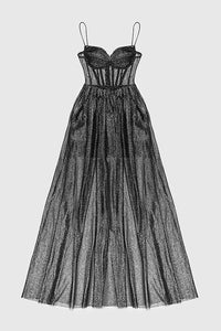 Robe longue corset drapée en tulle avec strass et bretelles en noir