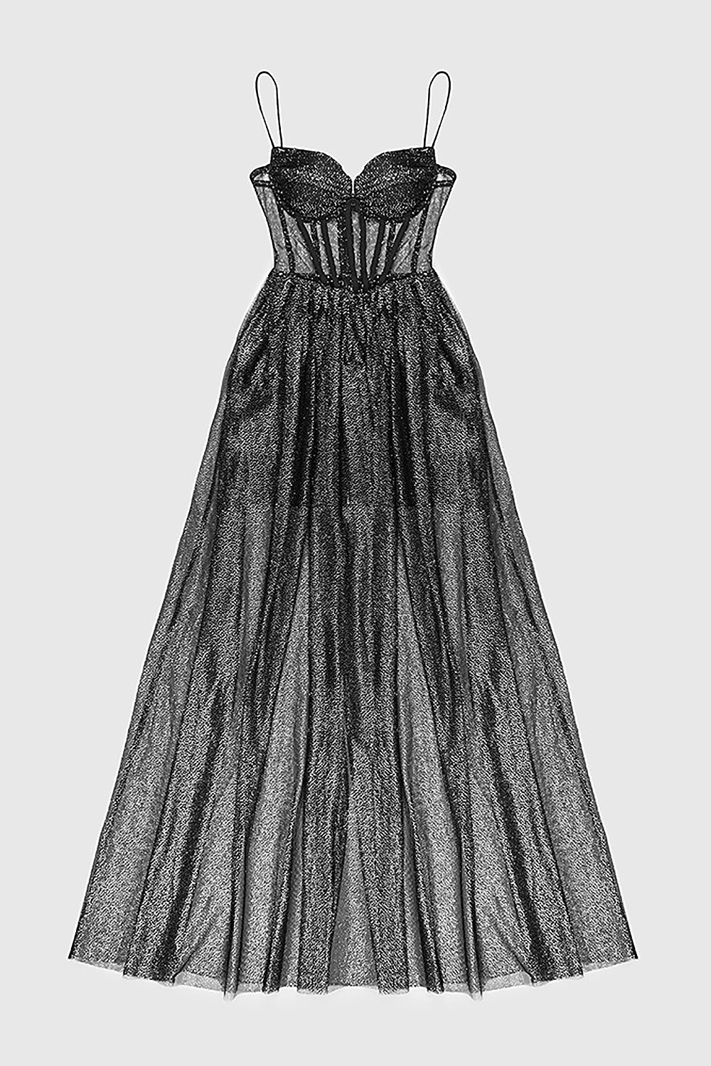 Robe longue corset drapée en tulle avec strass et bretelles en noir