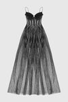 Strappy Draped Rhinestone Tulle Corset Maxi Dress In Black