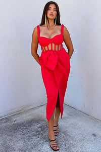 Vestido Bandage A Media Pierna Con Abertura De Malla Y Tiras En Rojo Rosa Rojo Negro
