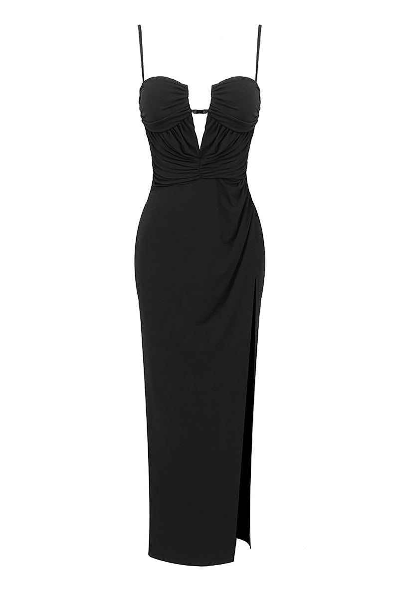 Strappy Plunging Ruched Thigh-Slit Gown In Black