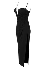 Strappy Plunging Ruched Thigh-Slit Gown In Black