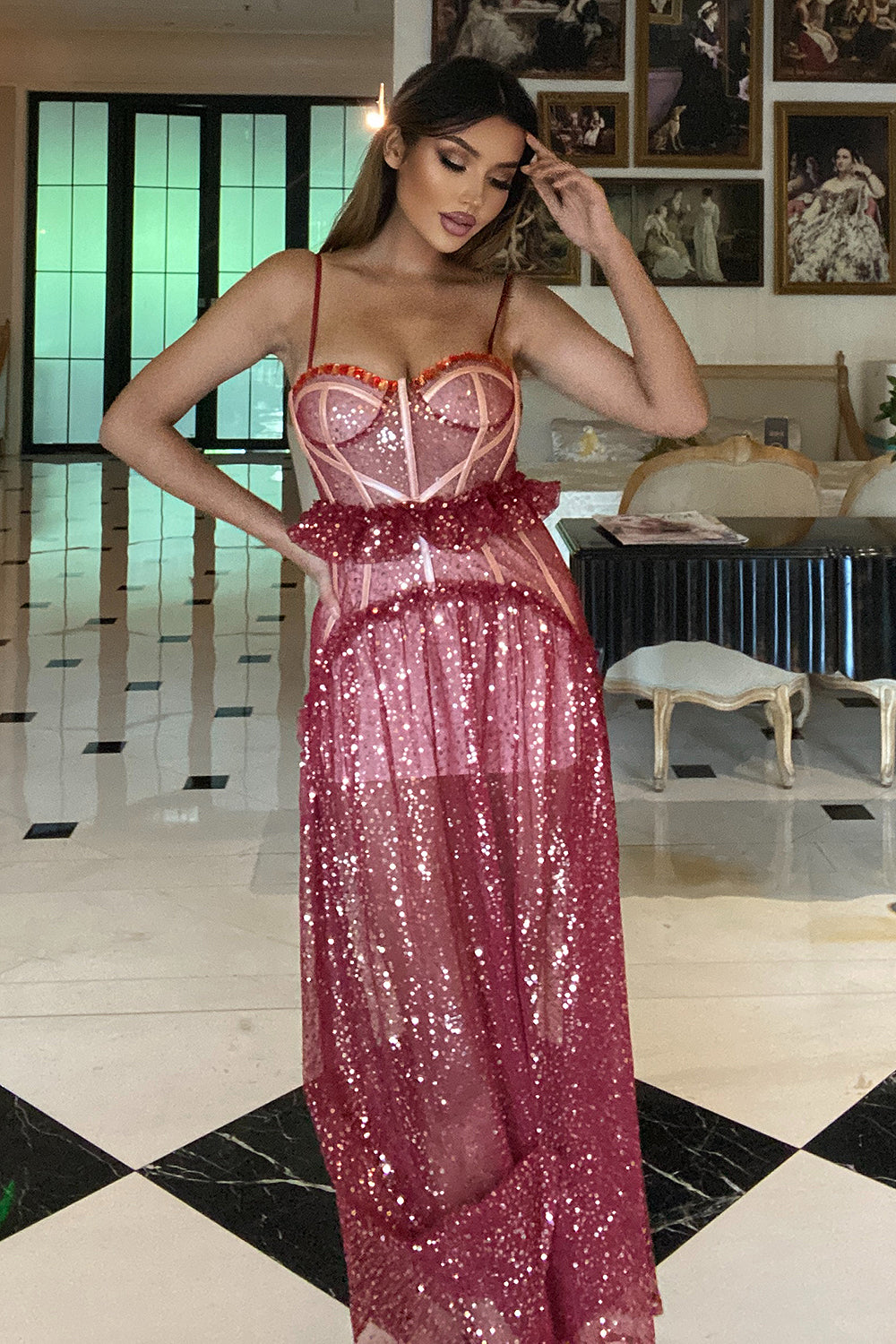 Strappy Sequin Beaded Mesh A-line Dress CHICIDA Strappy Sequin Beaded Mesh A-line Dress CHICIDA