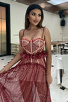 Strappy Sequins Beaded Mesh A-line Dress In Red