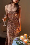 Strappy Sequins Slit Midi Dress In Gold