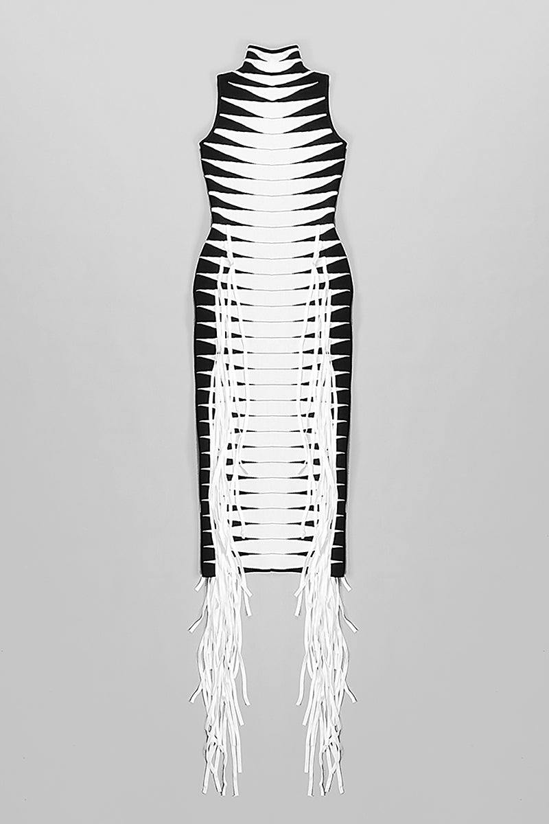 Striped O Neck Sleeveless Tassel Bandage Dress