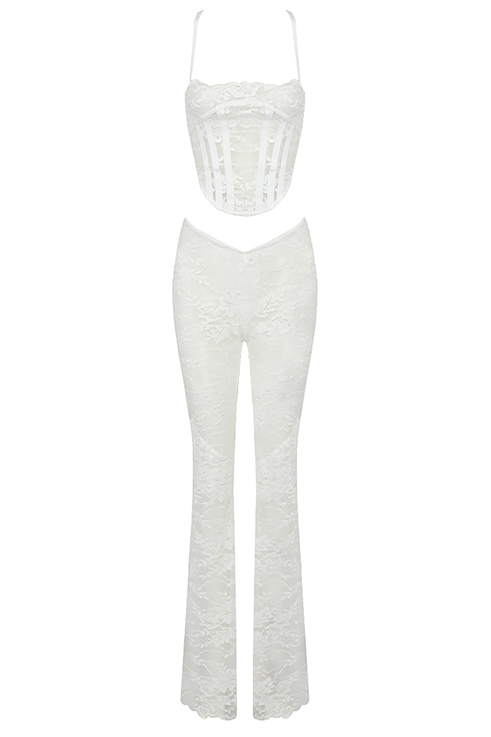 Transparent White Three Piece Lace Ensemble Corset Top And Duster Coat And Matching Trousers