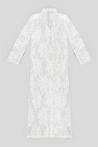 Ensemble trois pièces en dentelle blanche transparente, haut corset, manteau plumeau et pantalon assorti