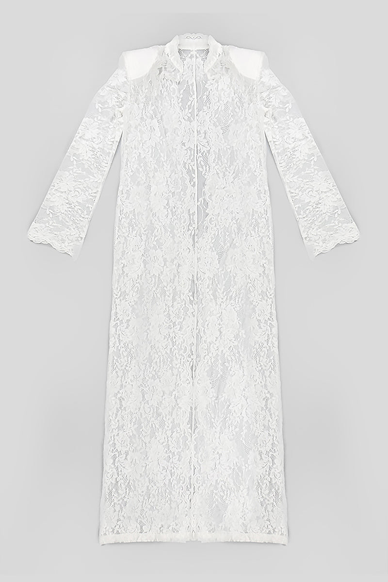 Transparent White Three Piece Lace Ensemble Corset Top And Duster Coat And Matching Trousers